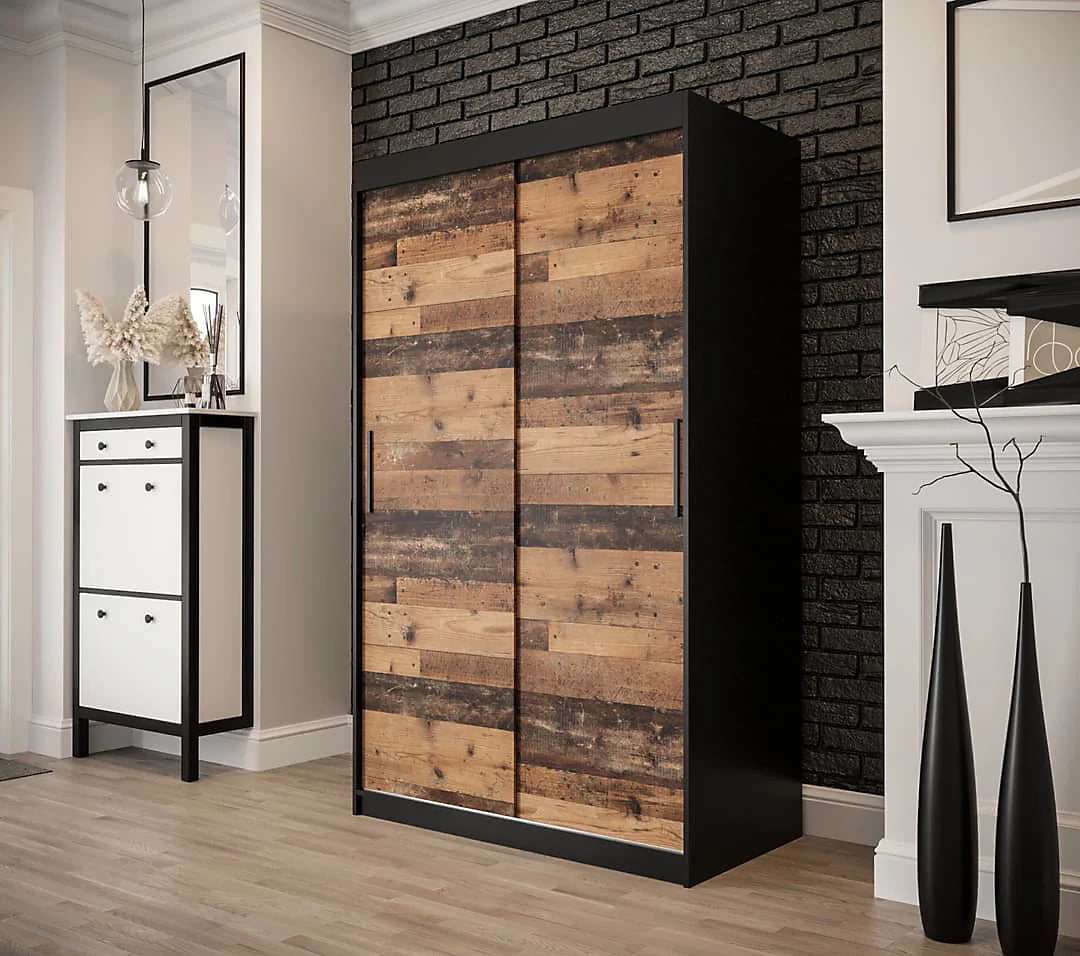 Tilburg Contemporary 2 Sliding Door Wardrobe 5 Shelves 2 Rails Dark Oak Effect and Black (W)120cm