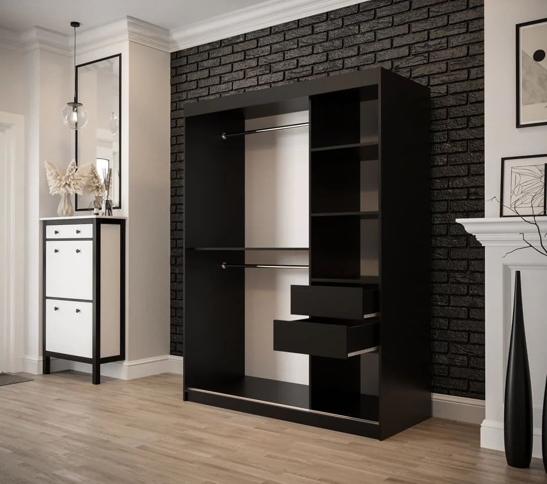 Tilburg Contemporary 2 Sliding Door Wardrobe 5 Shelves 2 Rails Dark Oak Effect and Black (W)150cm