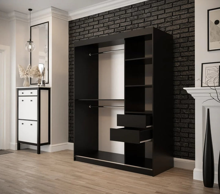 Tilburg Contemporary 2 Sliding Door Wardrobe 5 Shelves 2 Rails Dark Oak Effect and Black (W)150cm