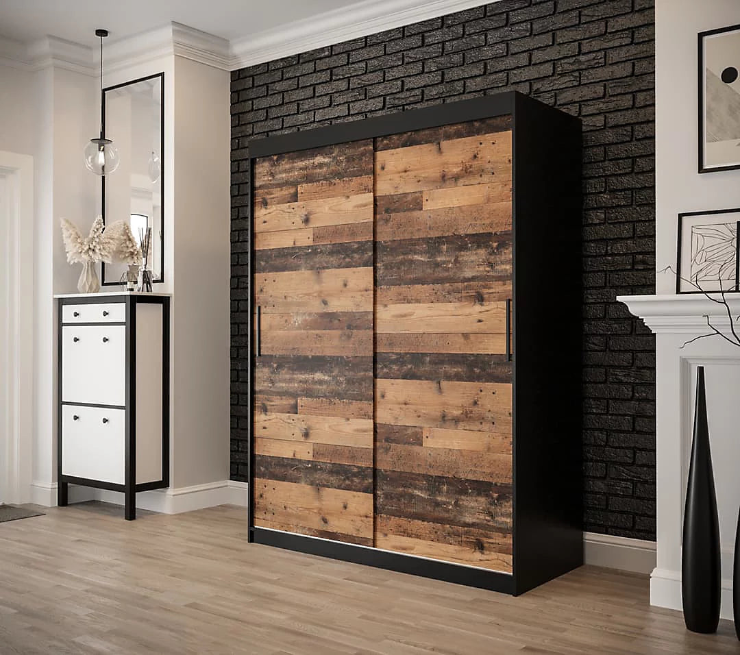 Tilburg Contemporary 2 Sliding Door Wardrobe 5 Shelves 2 Rails Dark Oak Effect and Black (W)150cm