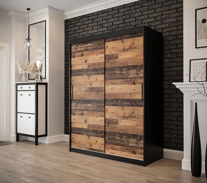 Tilburg Contemporary 2 Sliding Door Wardrobe 5 Shelves 2 Rails Dark Oak Effect and Black (W)150cm