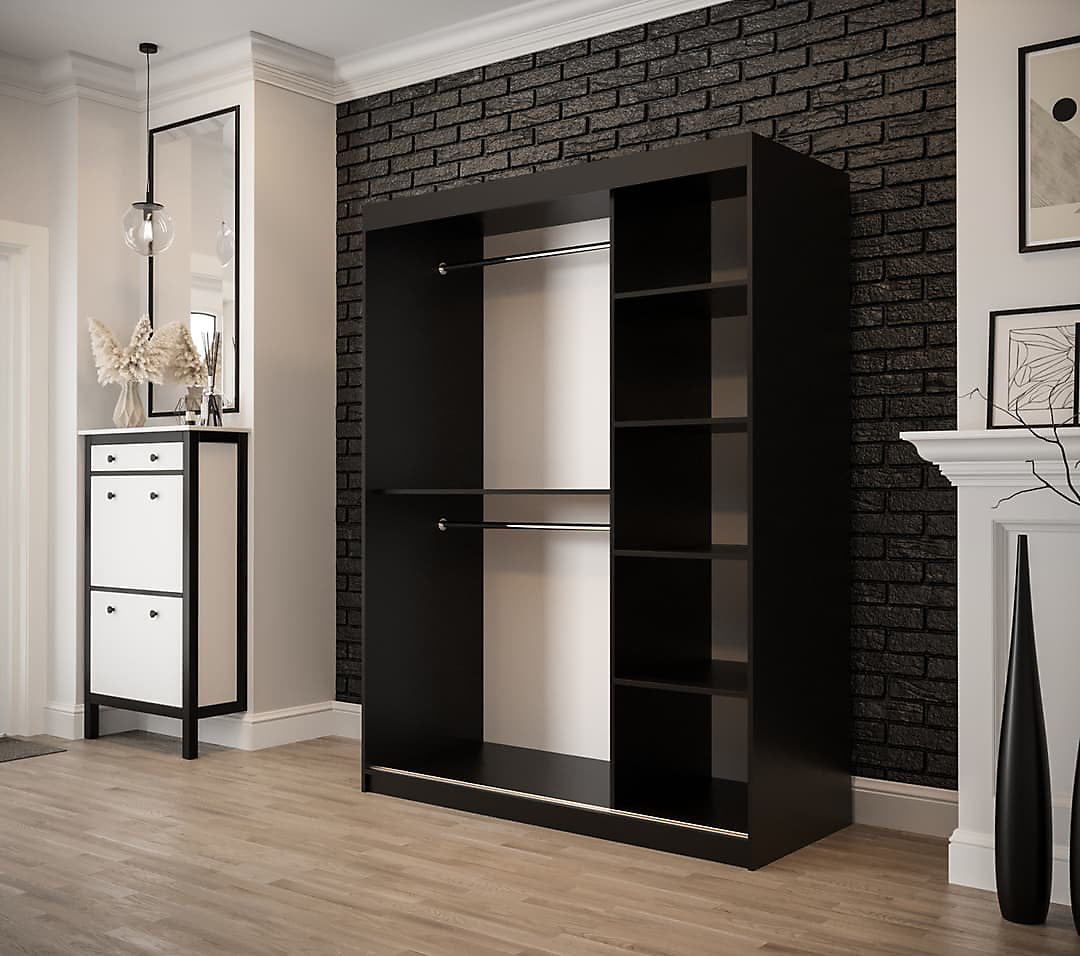 Tilburg Contemporary 2 Sliding Door Wardrobe 5 Shelves 2 Rails Dark Oak Effect and Black (W)150cm