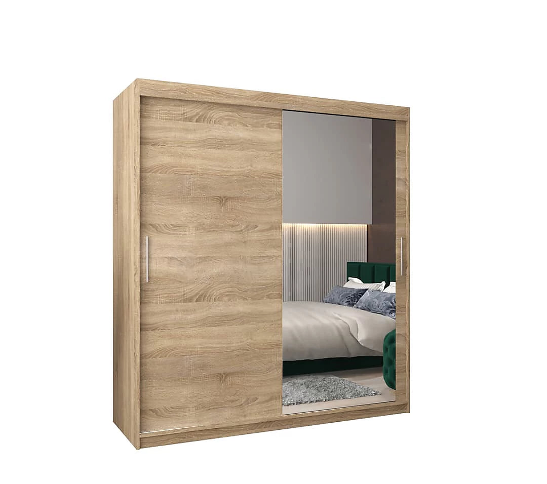 Tokyo 02 Contemporary Mirrored 2 Sliding Door Wardrobe 9 Shelves 2 Rails Oak Sonoma Effect (W)180cm