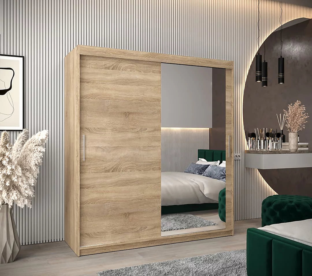 Tokyo 02 Contemporary Mirrored 2 Sliding Door Wardrobe 9 Shelves 2 Rails Oak Sonoma Effect (W)180cm