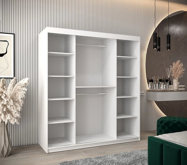 Tokyo 02 Contemporary Mirrored 2 Sliding Door Wardrobe 9 Shelves 2 Rails White Matt (W)180cm