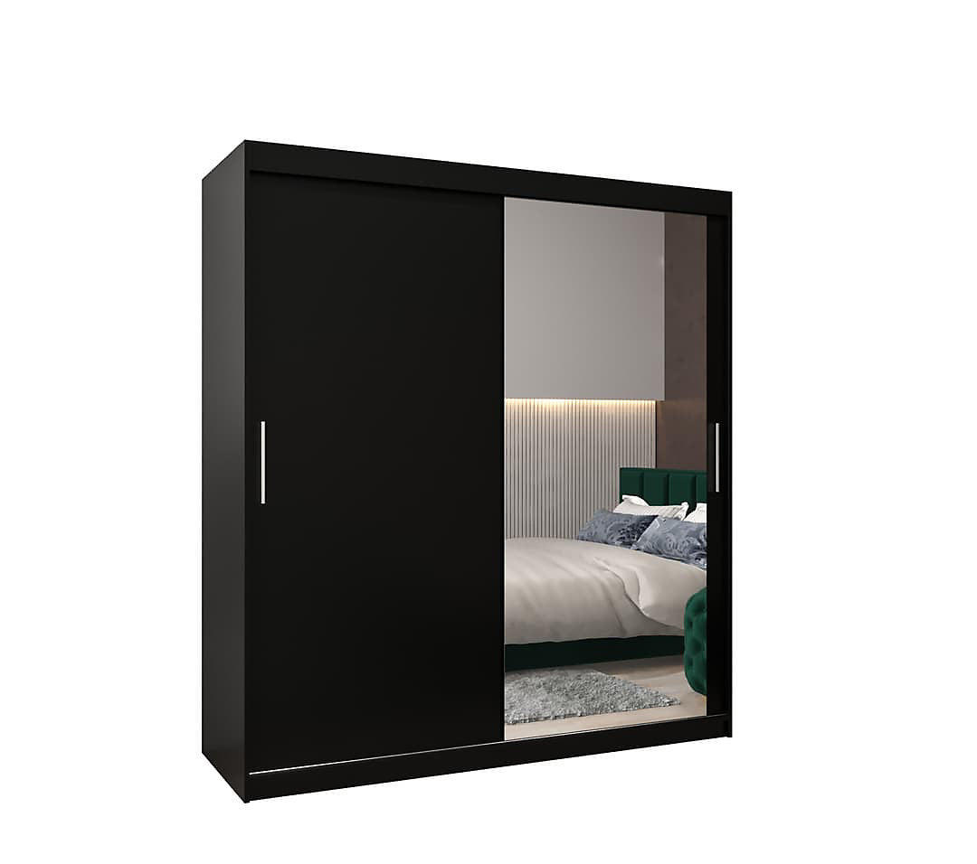 Tokyo 02 Contemporary Mirrored 2 Sliding Door Wardrobe 9 Shelves 2 Rails Black Matt (W)180cm