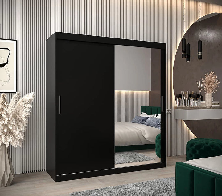 Tokyo 02 Contemporary Mirrored 2 Sliding Door Wardrobe 9 Shelves 2 Rails Black Matt (W)180cm