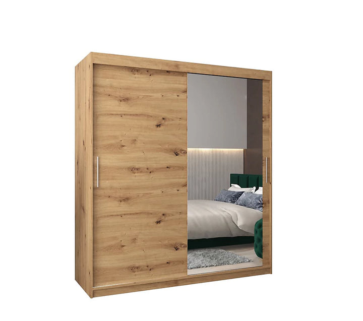 Tokyo 02 Contemporary Mirrored 2 Sliding Door Wardrobe 9 Shelves 2 Rails Oak Artisan Effect (W)180cm