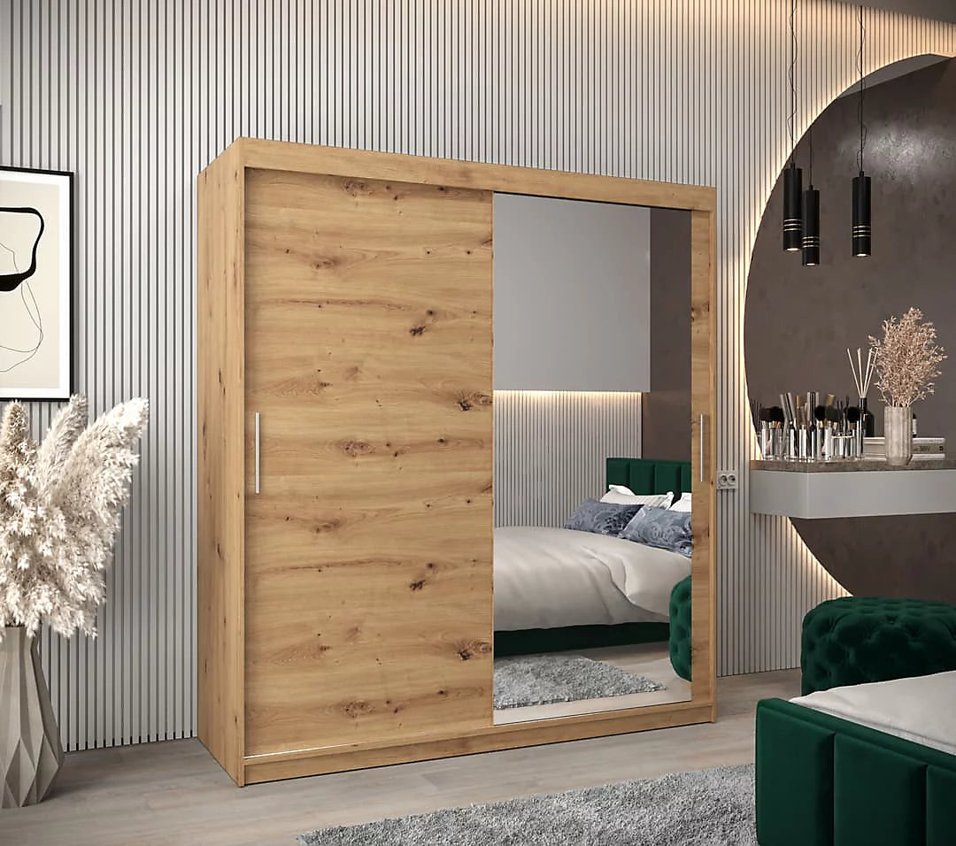 Tokyo 02 Contemporary Mirrored 2 Sliding Door Wardrobe 9 Shelves 2 Rails Oak Artisan Effect (W)180cm