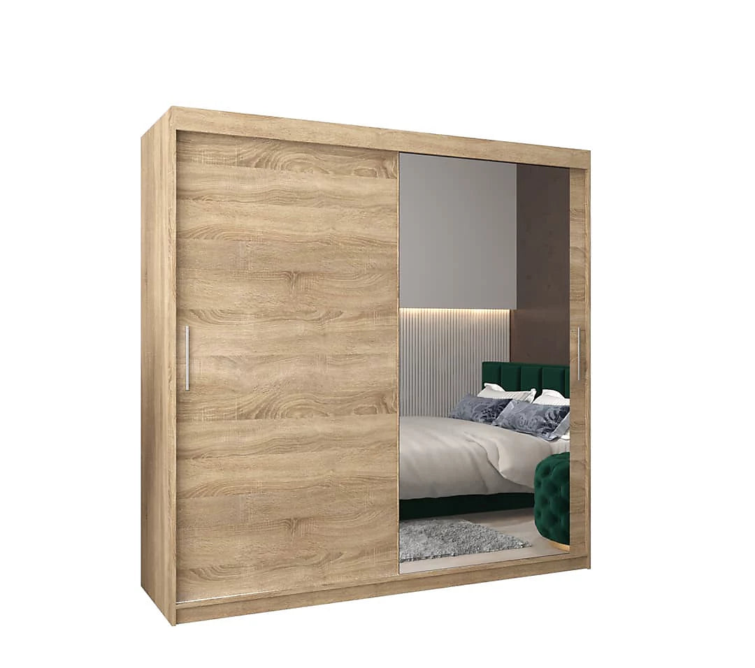 Tokyo 02 Contemporary Mirrored 2 Sliding Door Wardrobe 9 Shelves 2 Rails Oak Sonoma Effect