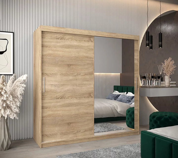 Tokyo 02 Contemporary Mirrored 2 Sliding Door Wardrobe 9 Shelves 2 Rails Oak Sonoma Effect
