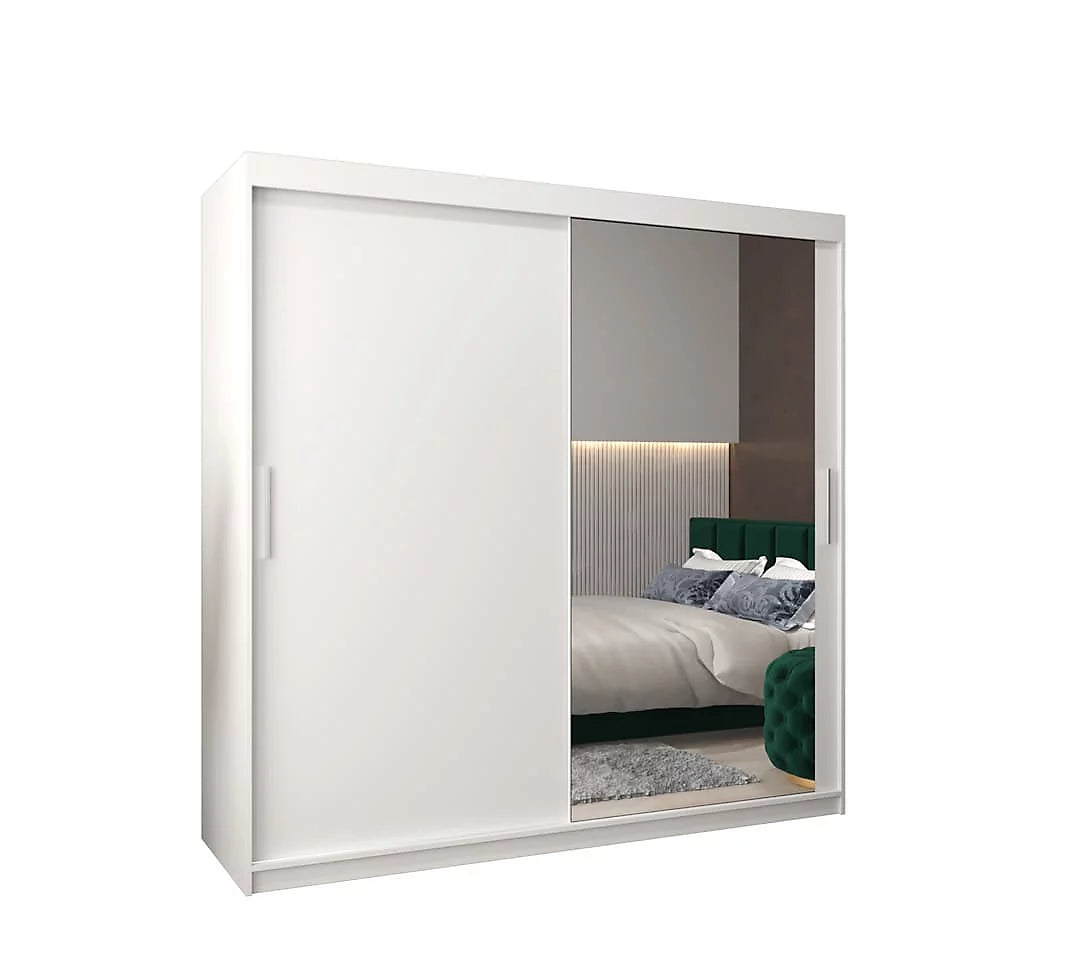 Tokyo 02 Contemporary Mirrored 2 Sliding Door Wardrobe 9 Shelves 2 Rails White Matt