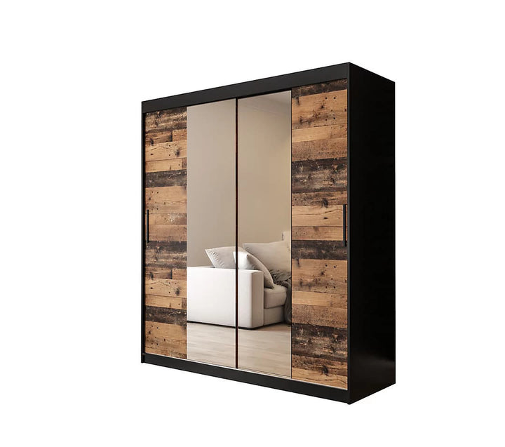 Tilburg 1 Contemporary 2 Mirrored Sliding Door Wardrobe 9 Shelves 2 Rails Dark Oak Effect & Black (W)180cm