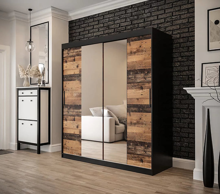 Tilburg 1 Contemporary 2 Mirrored Sliding Door Wardrobe 9 Shelves 2 Rails Dark Oak Effect & Black (W)180cm
