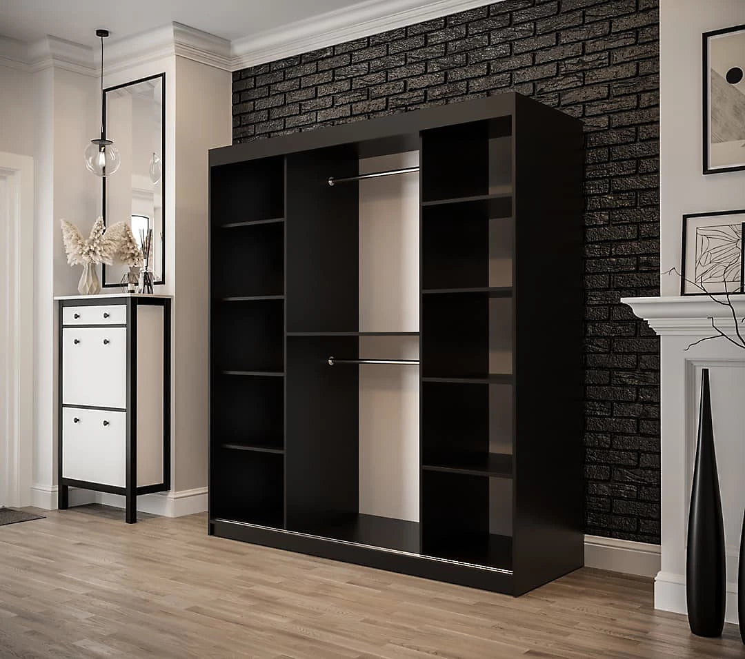 Tilburg 1 Contemporary 2 Mirrored Sliding Door Wardrobe 9 Shelves 2 Rails Dark Oak Effect & Black (W)180cm