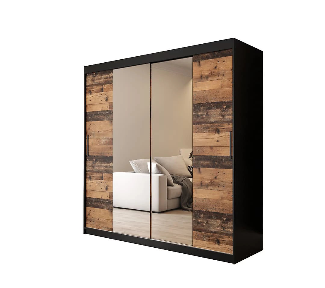 Tilburg 1 Contemporary 2 Mirrored Sliding Door Wardrobe 9 Shelves 2 Rails Dark Oak Effect & Black