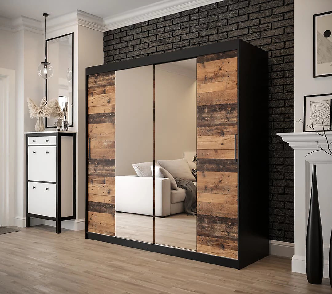 Tilburg 1 Contemporary 2 Mirrored Sliding Door Wardrobe 9 Shelves 2 Rails Dark Oak Effect & Black