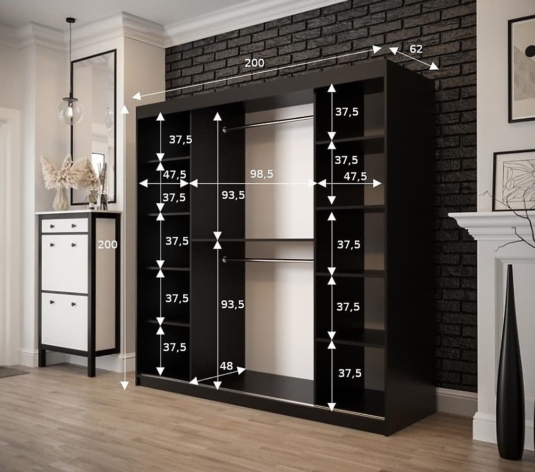 Tilburg 1 Contemporary 2 Mirrored Sliding Door Wardrobe 9 Shelves 2 Rails Dark Oak Effect & Black (W)200cm