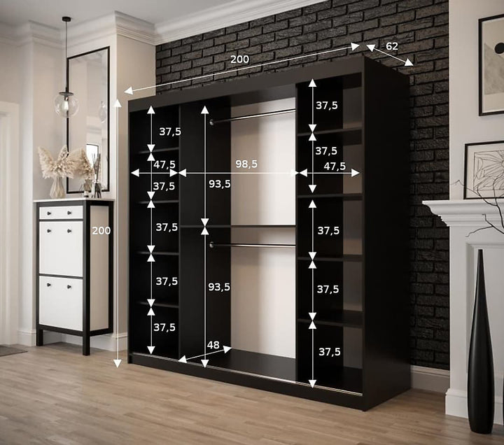 Tilburg 1 Contemporary 2 Mirrored Sliding Door Wardrobe 9 Shelves 2 Rails Dark Oak Effect & Black (W)200cm