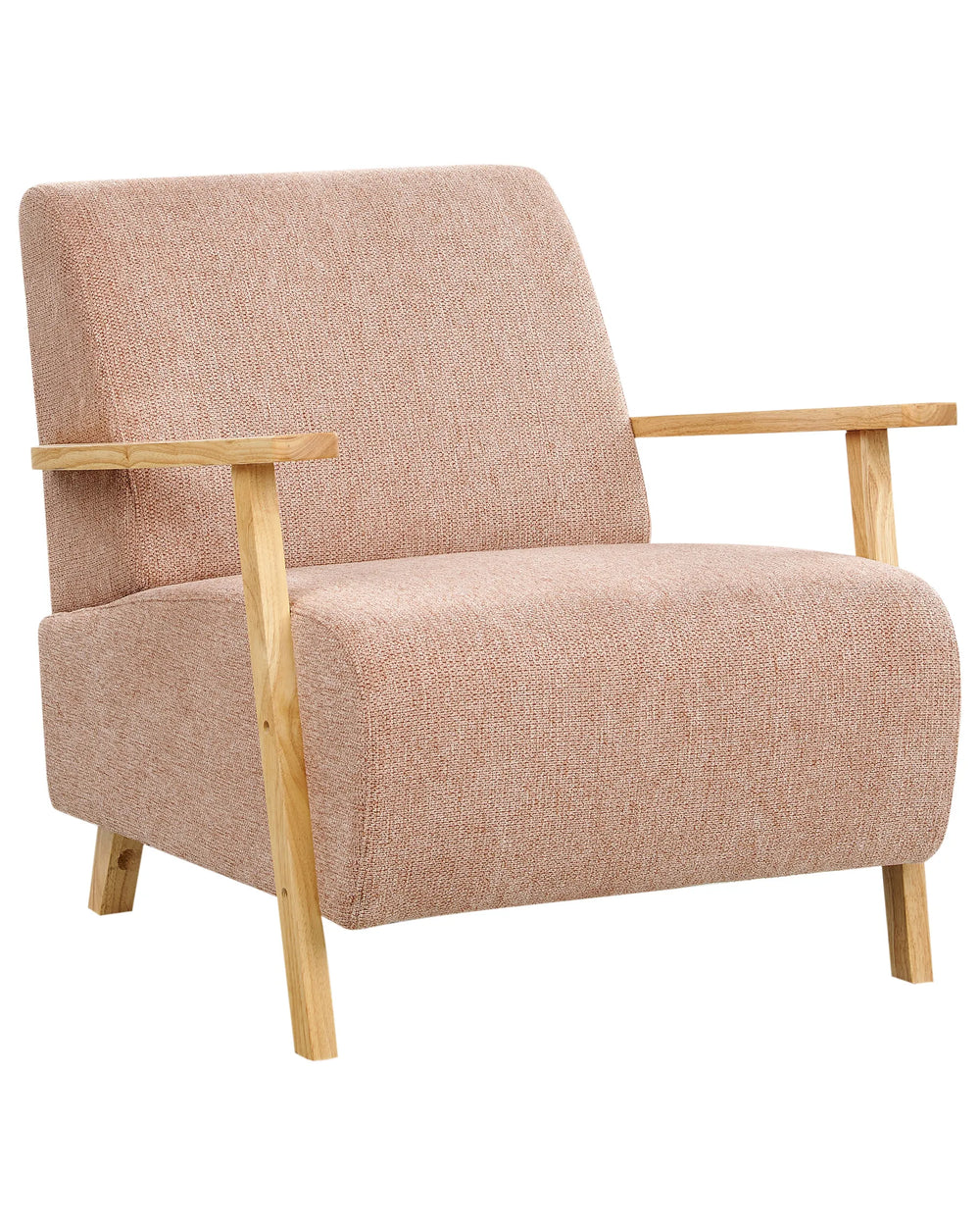 Beige armchair with wooden frame on a white background