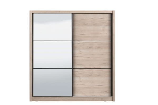 Wooden sliding wardrobe door with glass panels on a white background