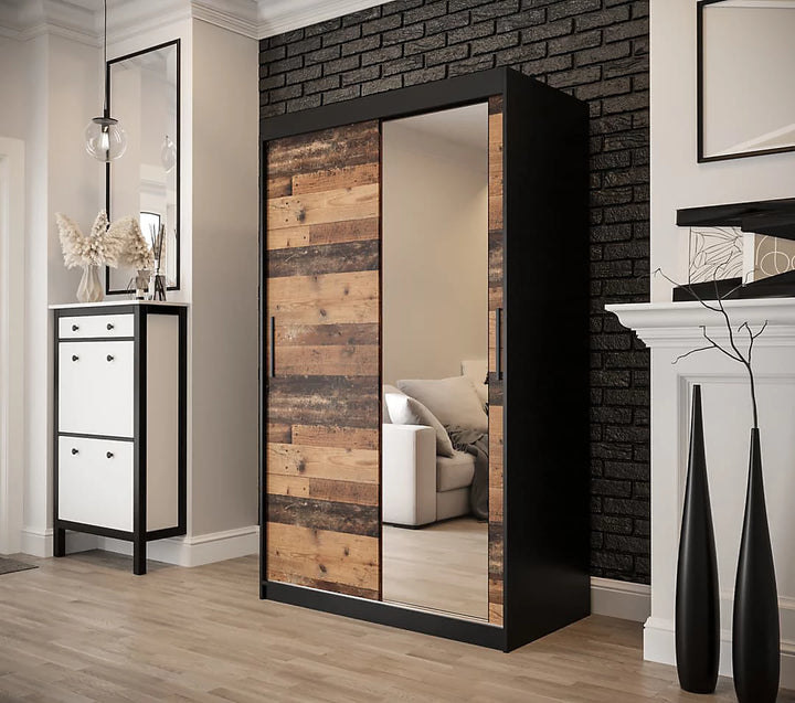 Tilburg 2 Contemporary 2 Mirrored Sliding Door Wardrobe 5 Shelves 2 Rails Dark Oak Effect & Black (W)120cm