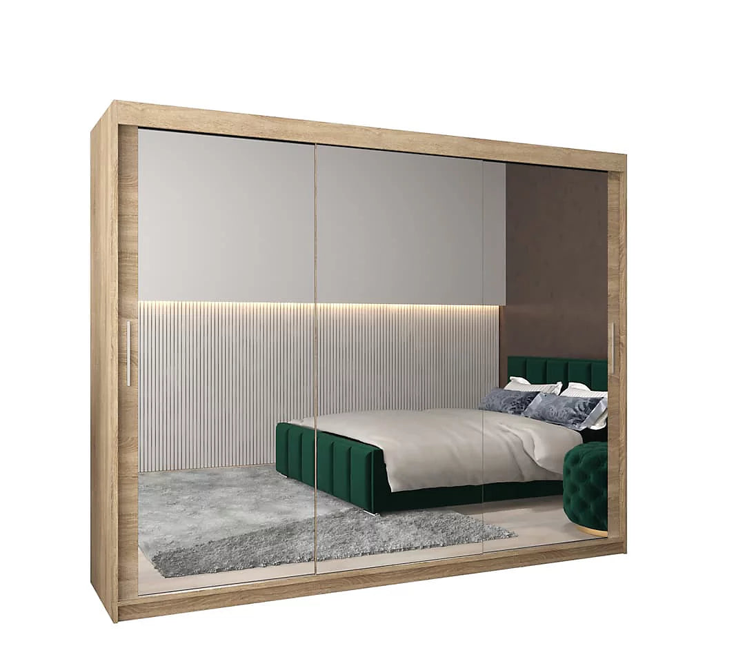 Tokyo 03 Contemporary Mirrored 3 Sliding Door Wardrobe 9 Shelves 2 Rails Oak Sonoma Effect