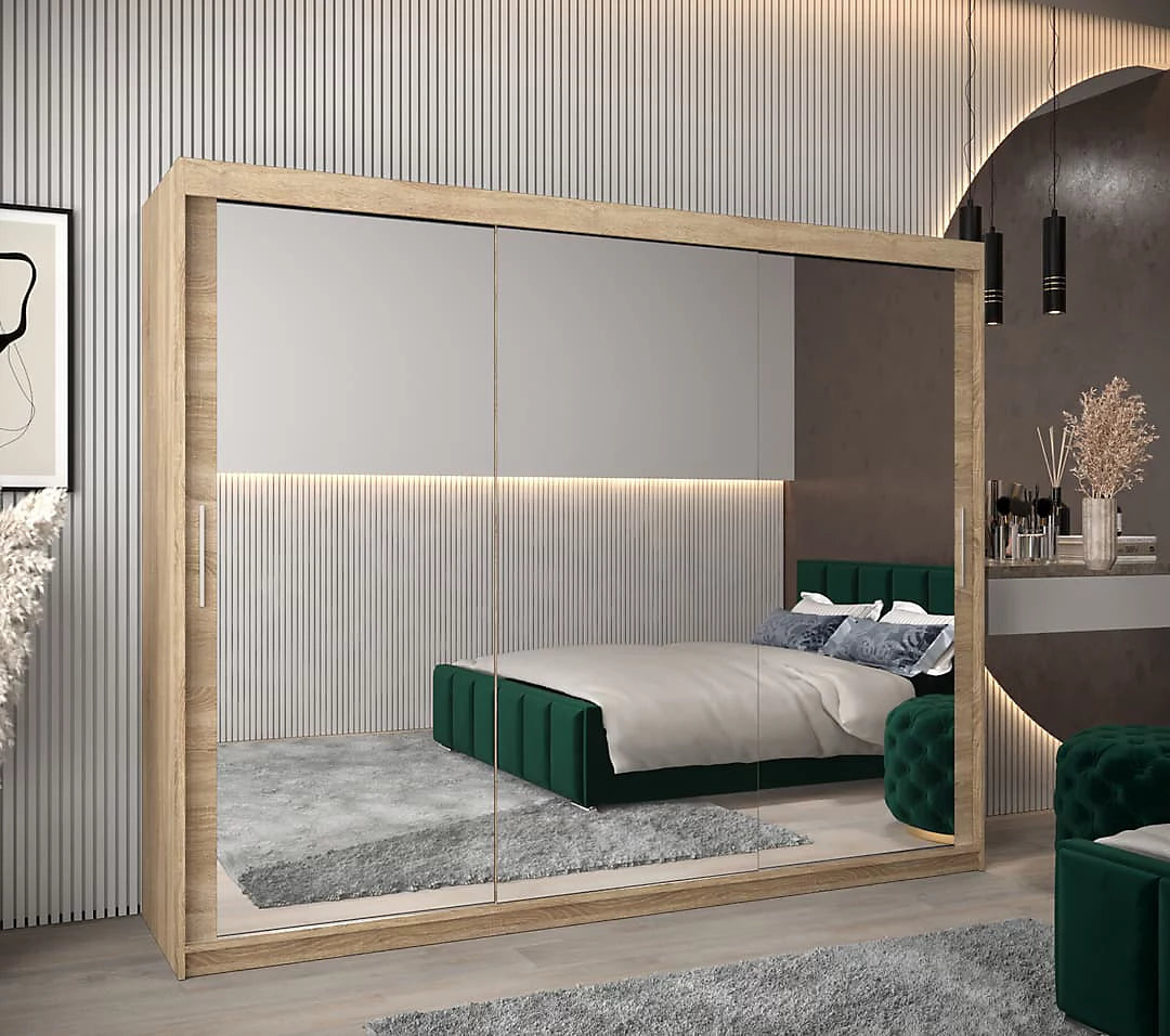 Tokyo 03 Contemporary Mirrored 3 Sliding Door Wardrobe 9 Shelves 2 Rails Oak Sonoma Effect