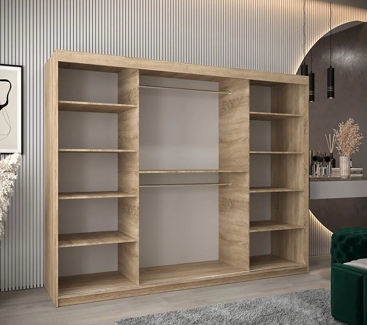 Tokyo 03 Contemporary Mirrored 3 Sliding Door Wardrobe 9 Shelves 2 Rails Oak Sonoma Effect