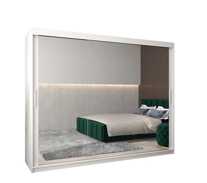 Tokyo 03 Contemporary Mirrored 3 Sliding Door Wardrobe 9 Shelves 2 Rails White Matt