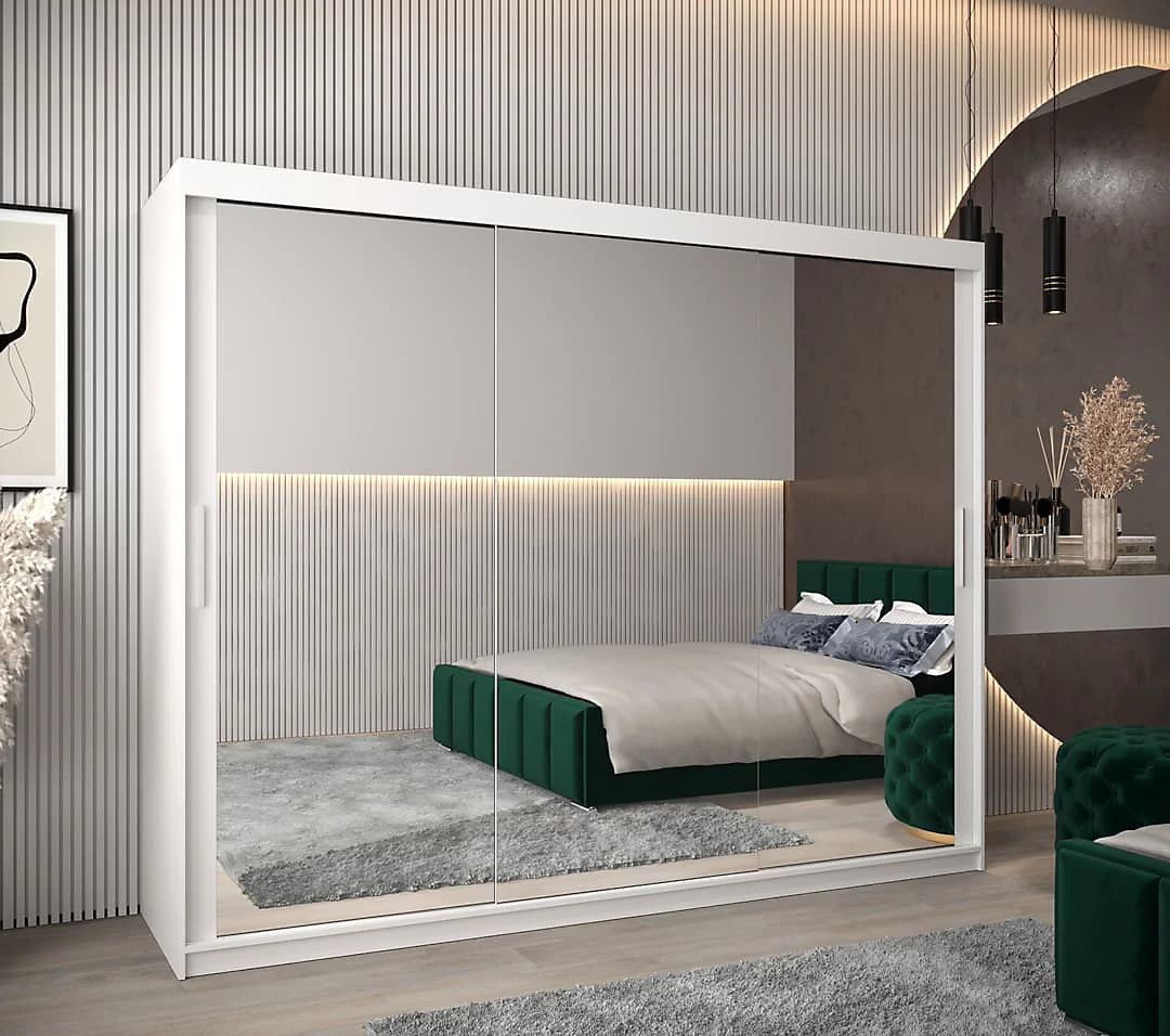 Tokyo 03 Contemporary Mirrored 3 Sliding Door Wardrobe 9 Shelves 2 Rails White Matt