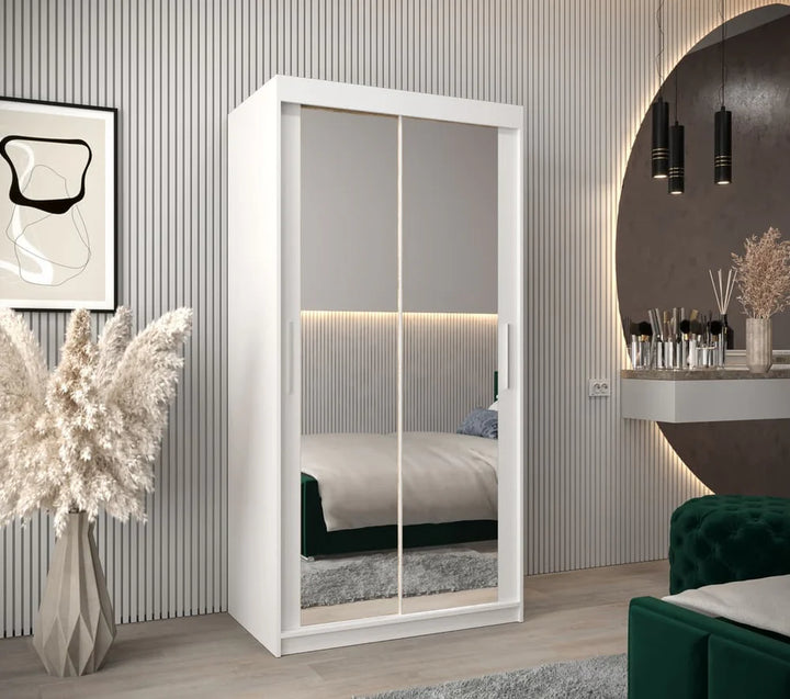 Tokyo 03 Contemporary Mirrored 2 Sliding Door Wardrobe 5 Shelves 2 Rails White Matt 100cm