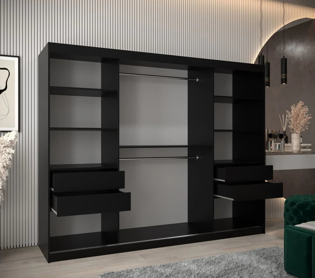 Tokyo 03 Contemporary Mirrored 3 Sliding Door Wardrobe 9 Shelves 2 Rails Black Matt