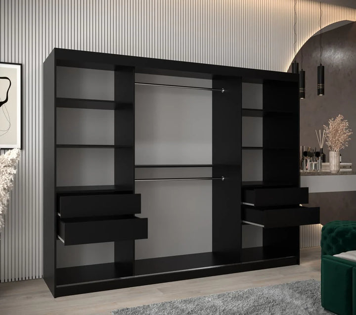 Tokyo 03 Contemporary Mirrored 3 Sliding Door Wardrobe 9 Shelves 2 Rails Black Matt