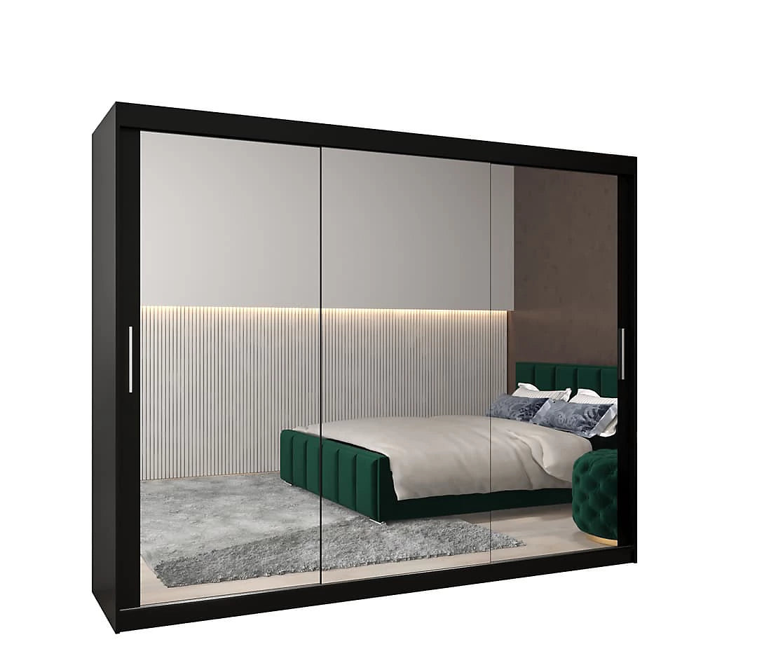 Tokyo 03 Contemporary Mirrored 3 Sliding Door Wardrobe 9 Shelves 2 Rails Black Matt