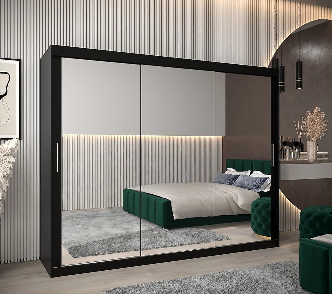 Tokyo 03 Contemporary Mirrored 3 Sliding Door Wardrobe 9 Shelves 2 Rails Black Matt