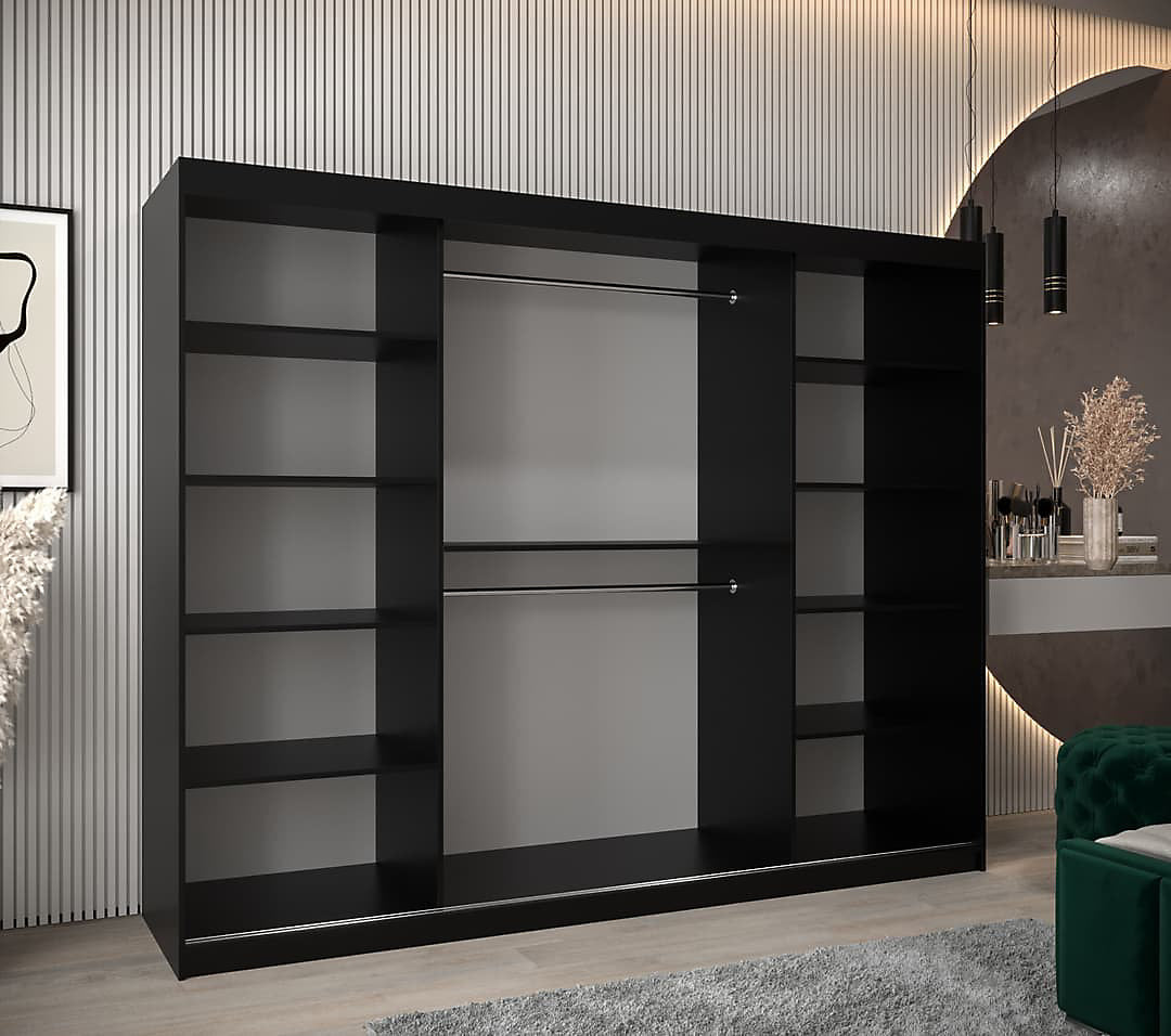 Tokyo 03 Contemporary Mirrored 3 Sliding Door Wardrobe 9 Shelves 2 Rails Black Matt