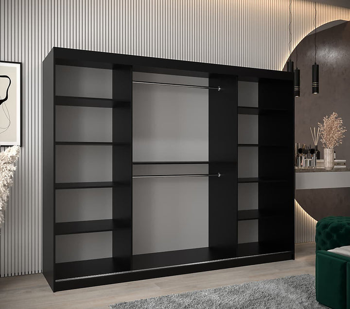 Tokyo 03 Contemporary Mirrored 3 Sliding Door Wardrobe 9 Shelves 2 Rails Black Matt