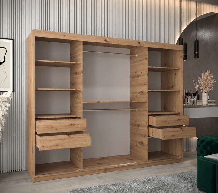Tokyo 03 Contemporary Mirrored 3 Sliding Door Wardrobe 9 Shelves 2 Rails Oak Artisan Effect