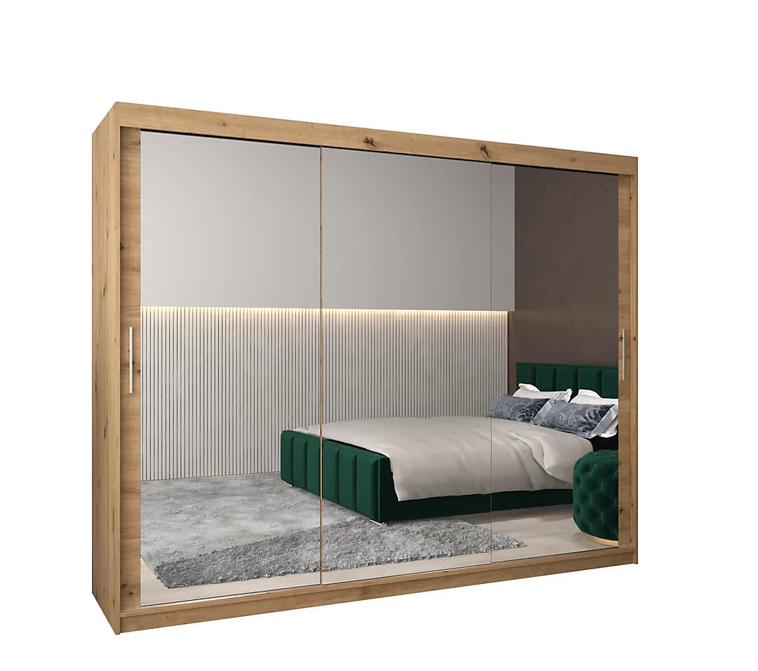 Tokyo 03 Contemporary Mirrored 3 Sliding Door Wardrobe 9 Shelves 2 Rails Oak Artisan Effect