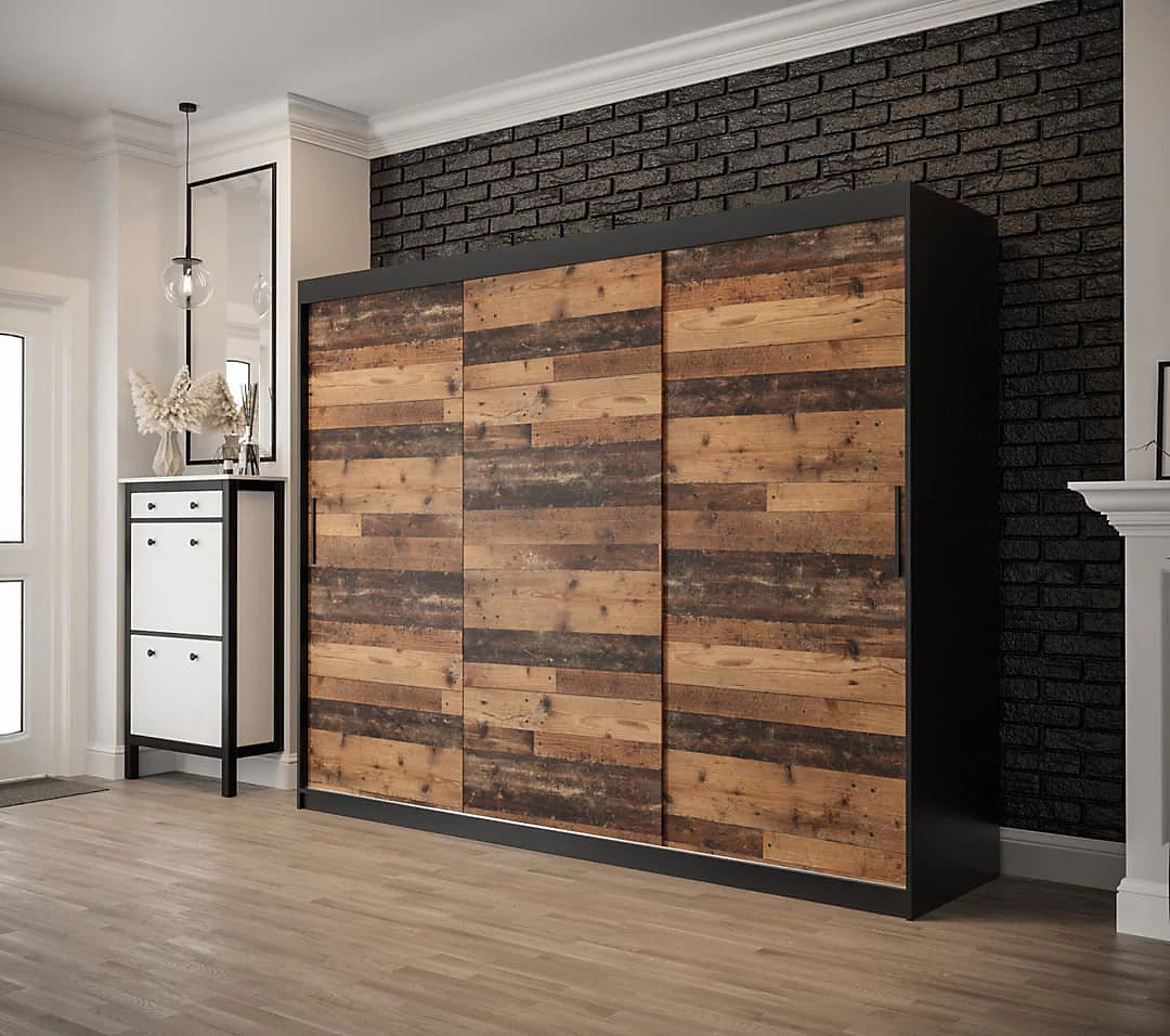 Tilburg Contemporary 3 Sliding Door Wardrobe 9 Shelves 2 Rails Dark Oak Effect and Black (W)250cm