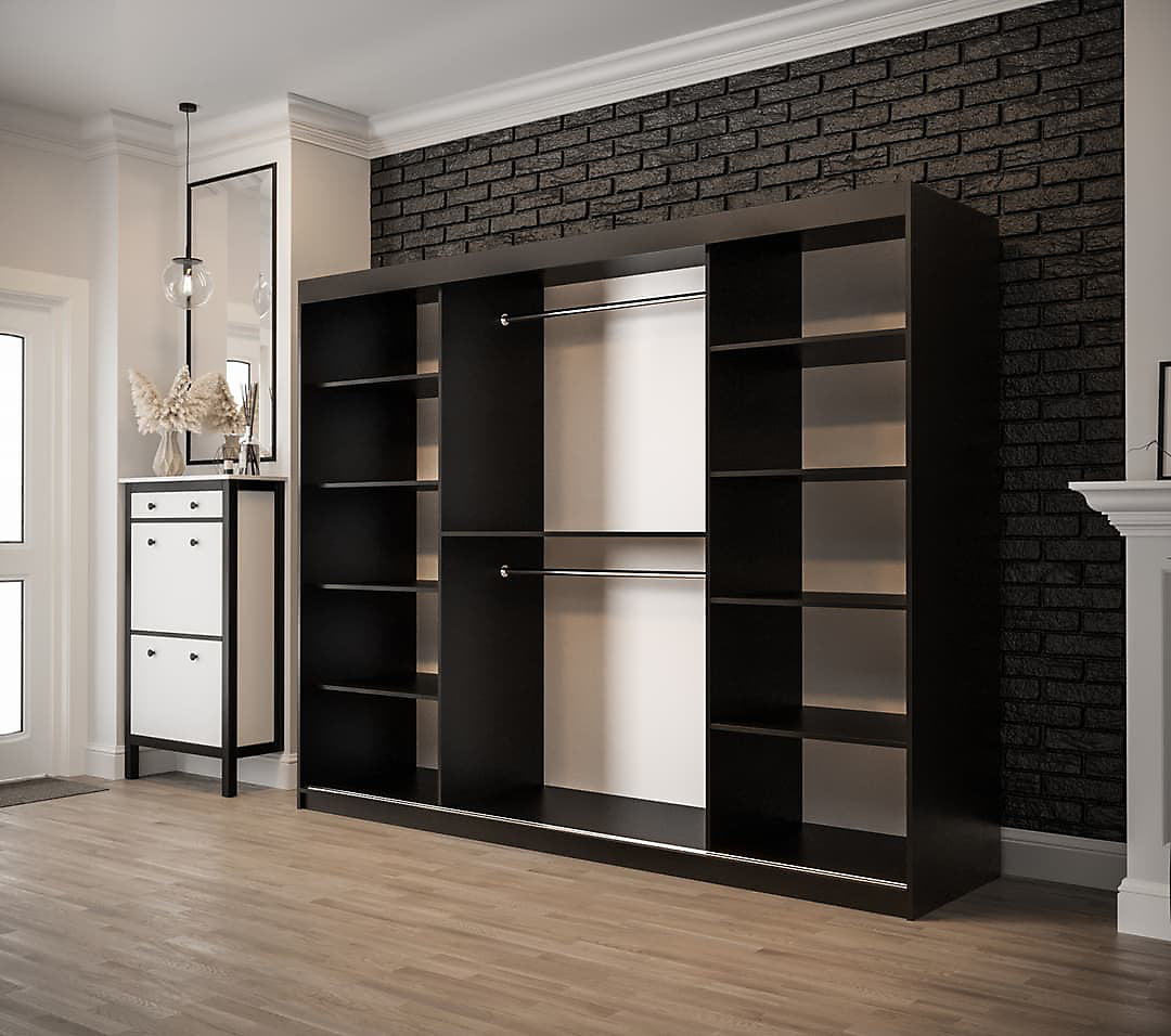 Tilburg Contemporary 3 Sliding Door Wardrobe 9 Shelves 2 Rails Dark Oak Effect and Black (W)250cm