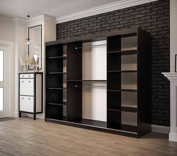 Tilburg Contemporary 3 Sliding Door Wardrobe 9 Shelves 2 Rails Dark Oak Effect and Black (W)250cm