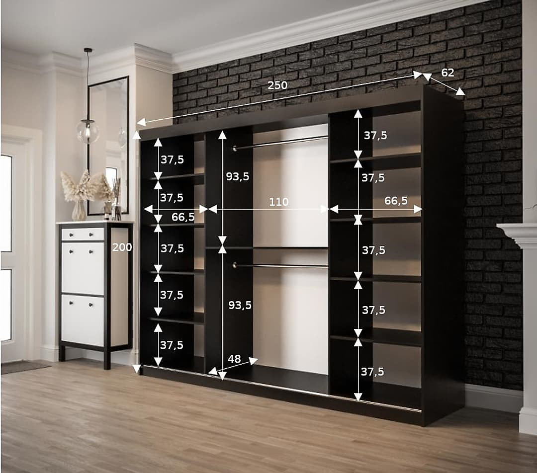 Tilburg Contemporary 3 Sliding Door Wardrobe 9 Shelves 2 Rails Dark Oak Effect and Black (W)250cm