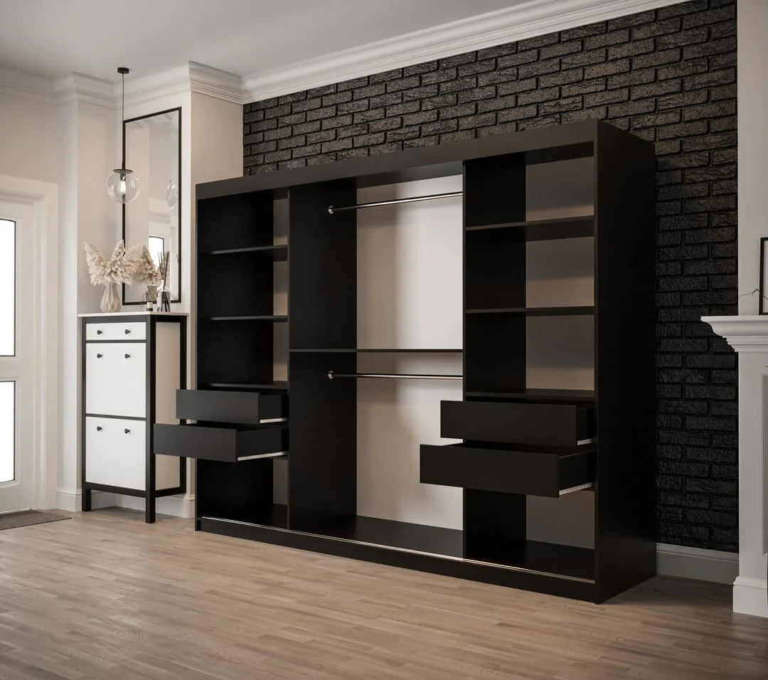 Tilburg Contemporary 3 Sliding Door Wardrobe 9 Shelves 2 Rails Dark Oak Effect and Black (W)250cm