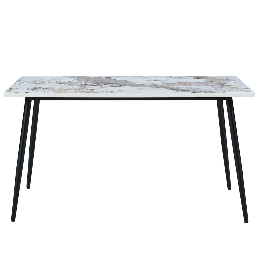 Dining table with marble-like top and black legs on a white background