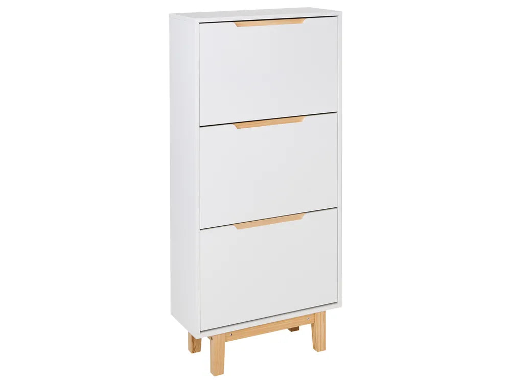 White shoe cabinet with wooden legs on a white background