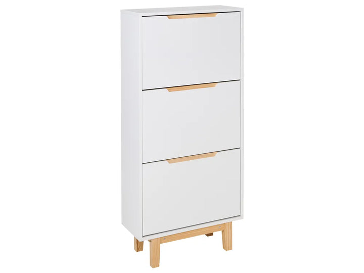 White shoe cabinet with wooden legs on a white background