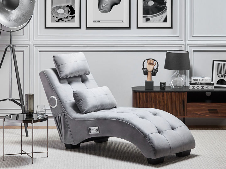 Simorre Velvet Chaise Lounge with Bluetooth Speaker USB Port Grey