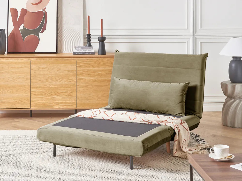 Single Sofa Bed Velvet Olive Green Auren
